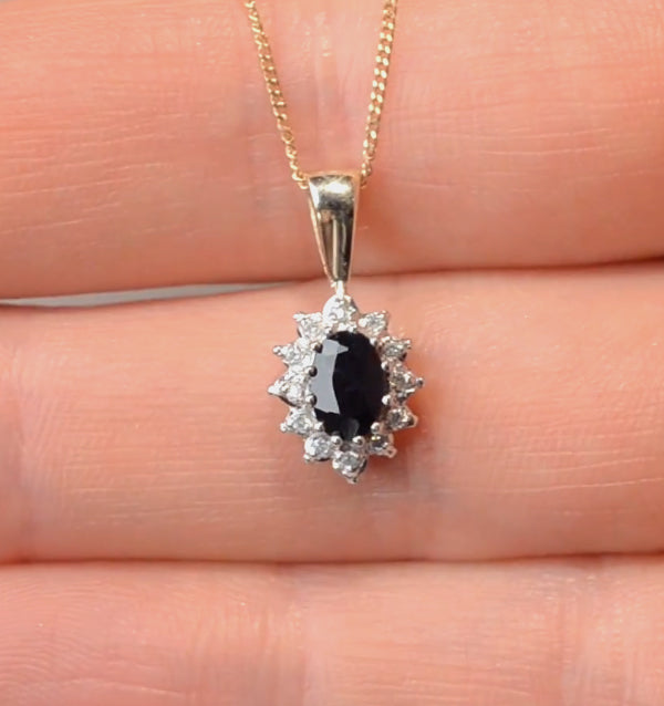Sapphire 6 x 4mm And Diamond 9K Yellow Gold Pendant Necklace